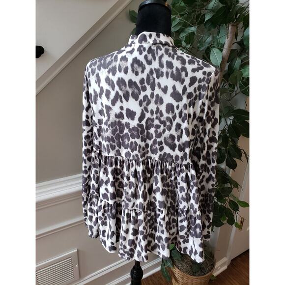 Carole Christian Blouse Top Womens Medium White Leopard Print Tiered Hem Stretch - Picture 4 of 10